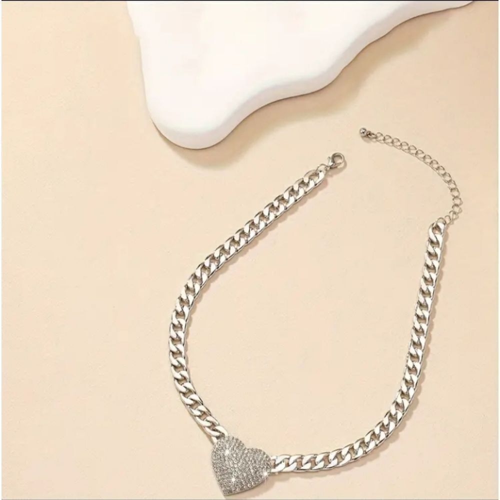 NEW SILVER RHINESTONE HEART CUBAN CHAIN LINK LAYER CHOKER NECKLACE - Picture 3 of 4